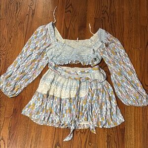 Women's Blue Patterned skirt and top set